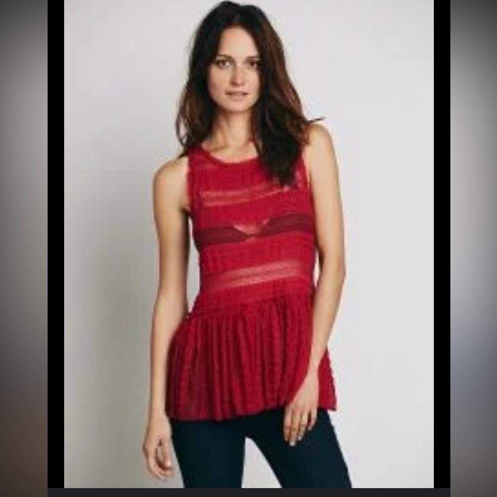 FREE PEOPLE Boho Rust Sleeveless Lace Peplum Top Size Small